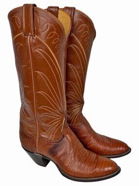 Vintage Tony Lama Western Cowboy Boots Womens 6.5 Brown Teju Lizard Leather USA